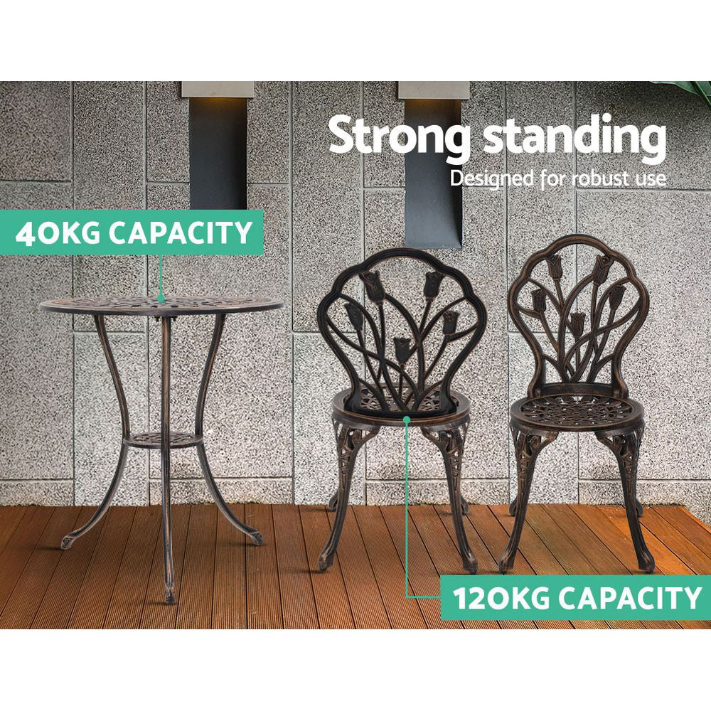 Ciaran 2-Seater Cast Aluminium Table Chair Patio 3-Piece Outdoor Setting - Bronze