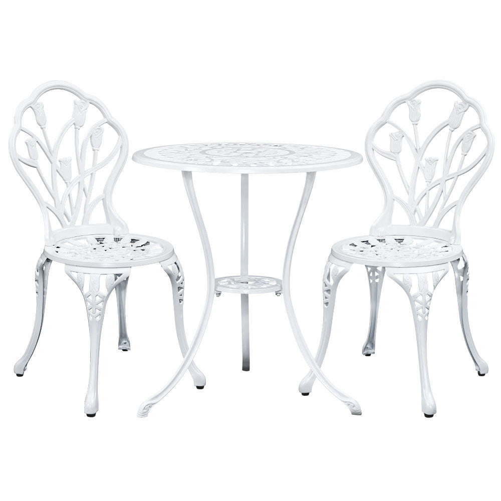 Ciaran 2-Seater Cast Aluminium Table Chair Patio 3-Piece Outdoor Setting - White