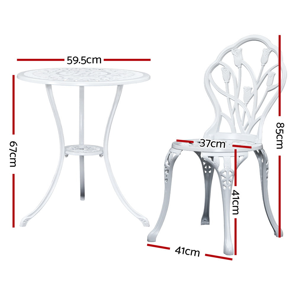 Ciaran 2-Seater Cast Aluminium Table Chair Patio 3-Piece Outdoor Setting - White