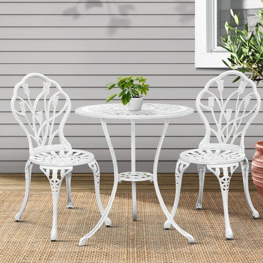 Ciaran 2-Seater Cast Aluminium Table Chair Patio 3-Piece Outdoor Setting - White