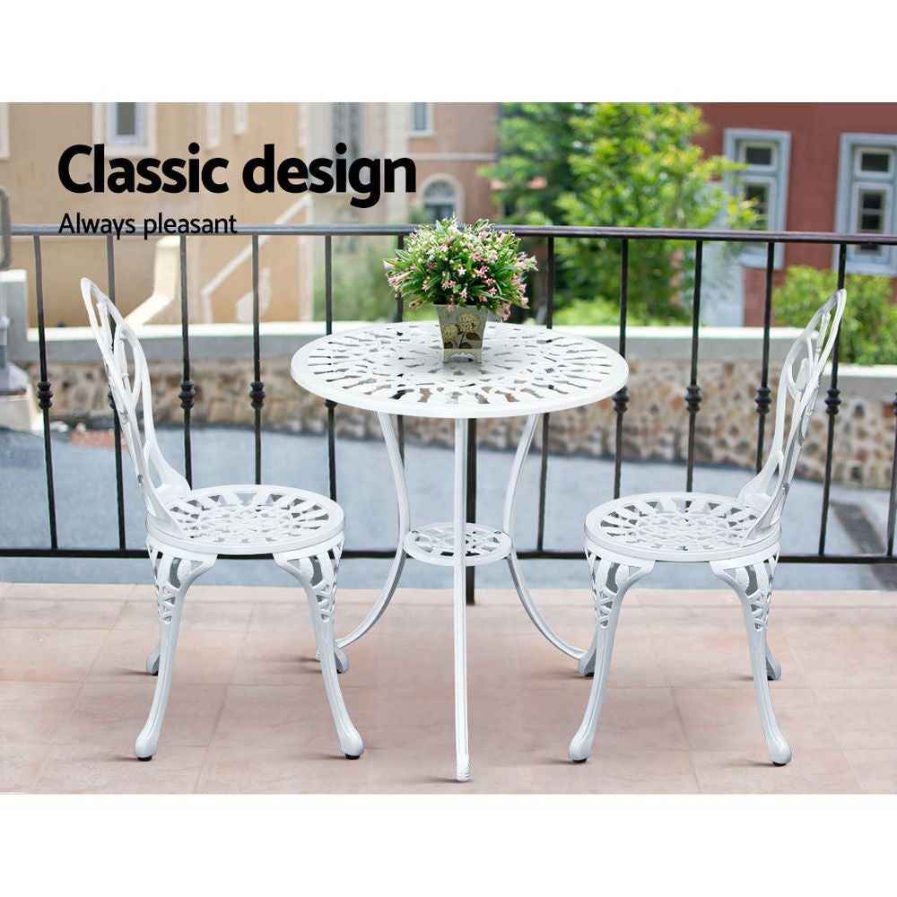 Ciaran 2-Seater Cast Aluminium Table Chair Patio 3-Piece Outdoor Setting - White