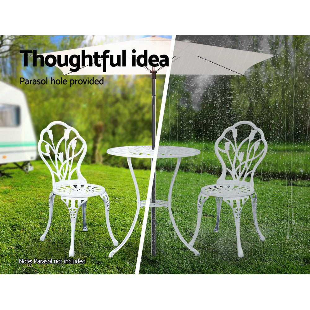 Ciaran 2-Seater Cast Aluminium Table Chair Patio 3-Piece Outdoor Setting - White