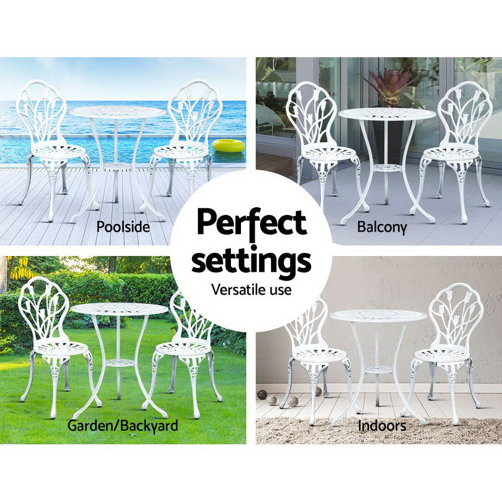 Ciaran 2-Seater Cast Aluminium Table Chair Patio 3-Piece Outdoor Setting - White