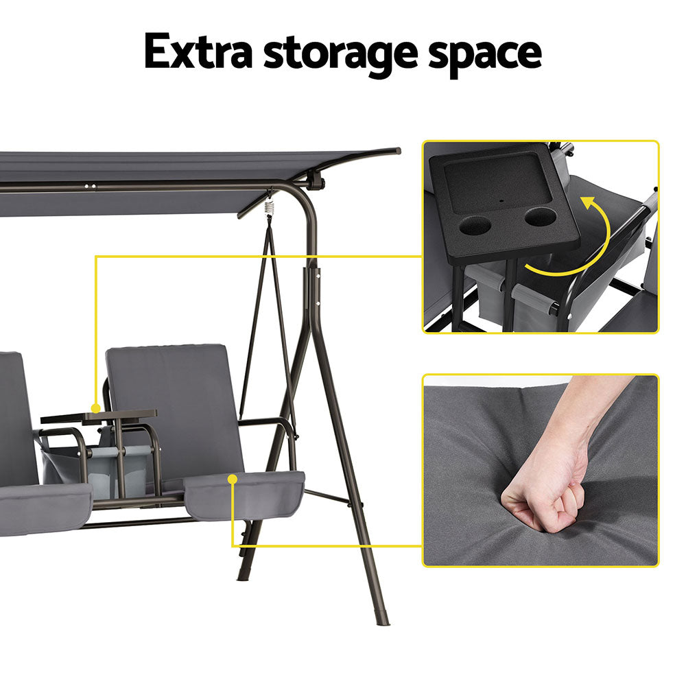 Hannah Outdoor Swing Chair Garden Chair Canopy Cup Holder 2 Seater - Grey