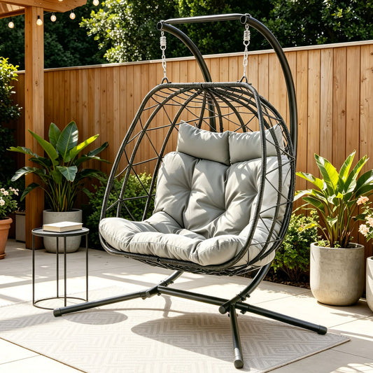 Outdoor Swing Chair 2 Seater with Stand Cushion Rattan Patio Furniture - Dark Grey