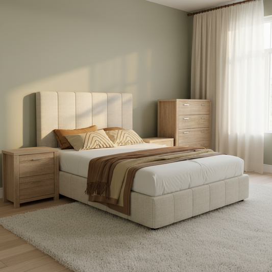 Harlech Queen Bedroom Suite 5 Piece 1x Queen Mattress, 1x Queen Fabric Bed Frame, 2x Wooden Bedside Tables and 1x Tallboy
