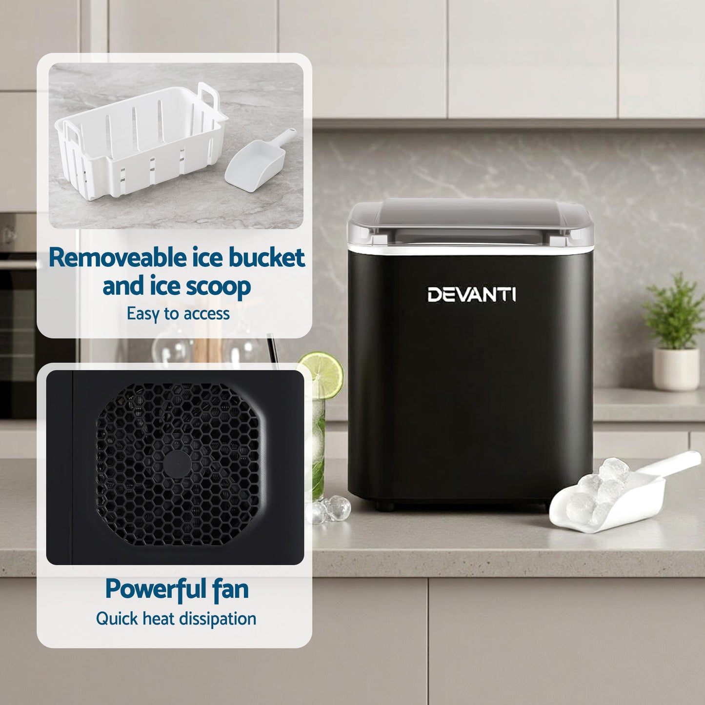 Devanti Ice Maker Machine Portable 12kg Countertop with Self Cleaning 1.2L Black