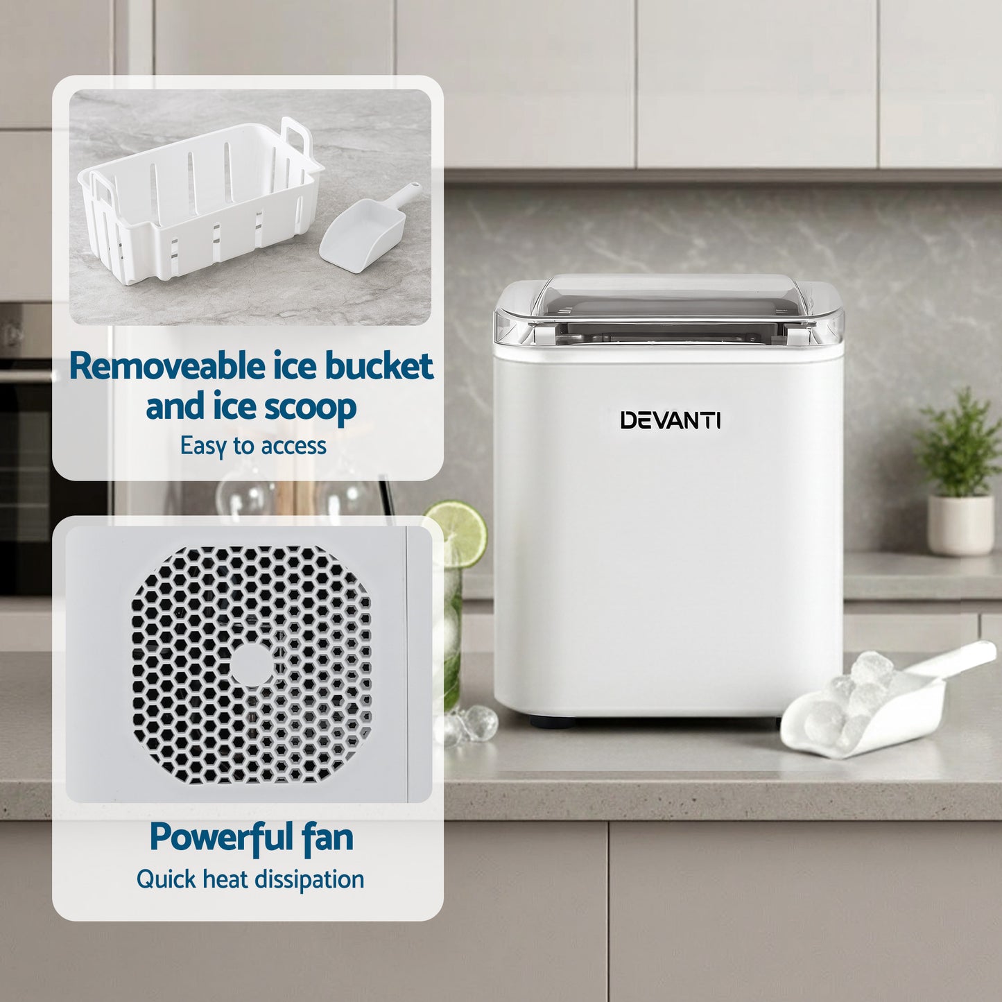 Devanti Ice Maker Machine Portable 12kg Countertop with Self Cleaning 1.2L White