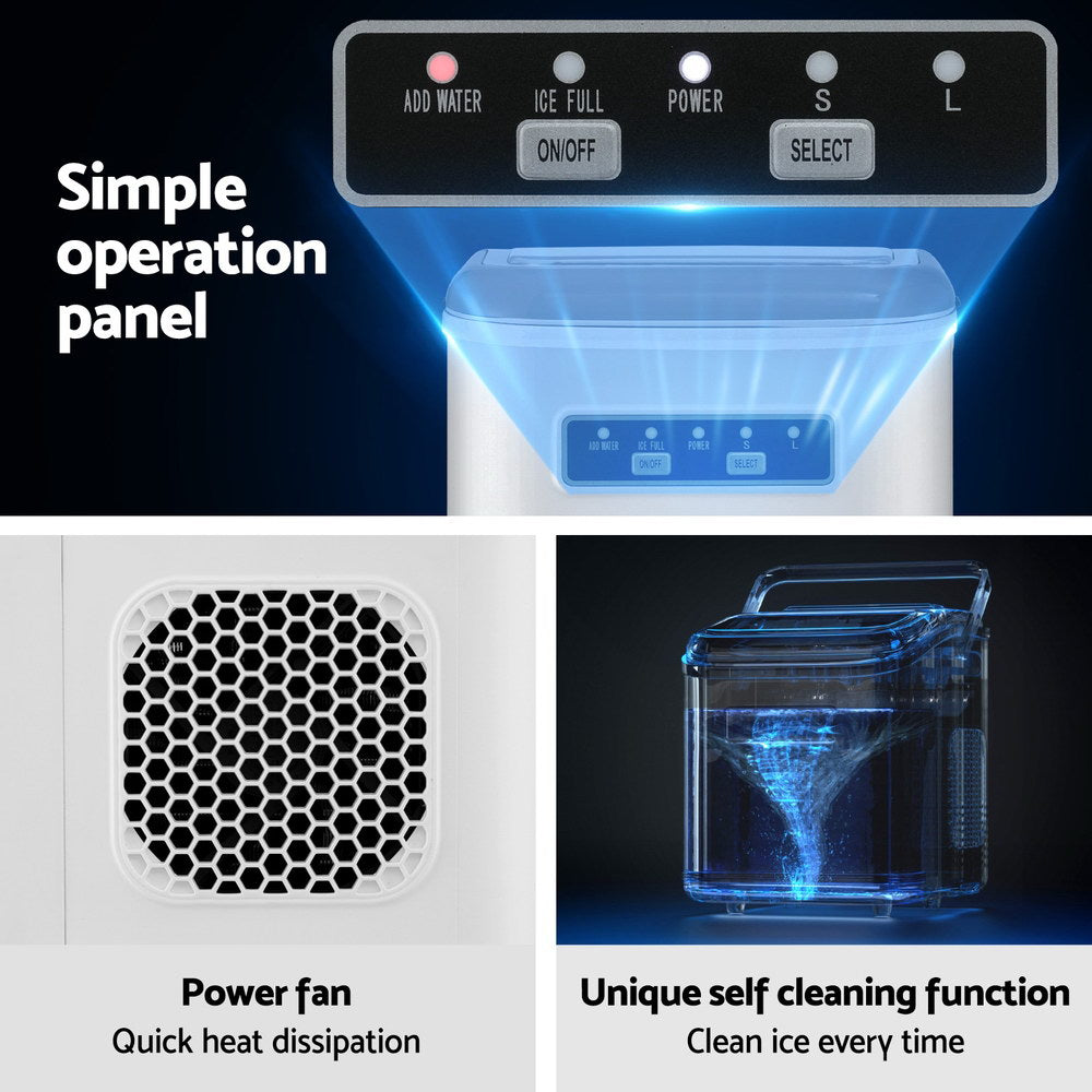 Devanti Ice Maker Machine Portable 12kg Countertop with Self Cleaning 1.3L White