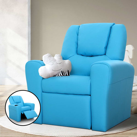 Percy Kids Recliner Chair Linen Soft Sofa Lounge Couch Children Armchair - Blue