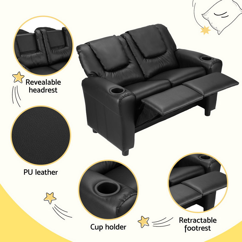 Primy Kids Recliner Chair Double PU Leather Sofa Lounge Couch Armchair - Black