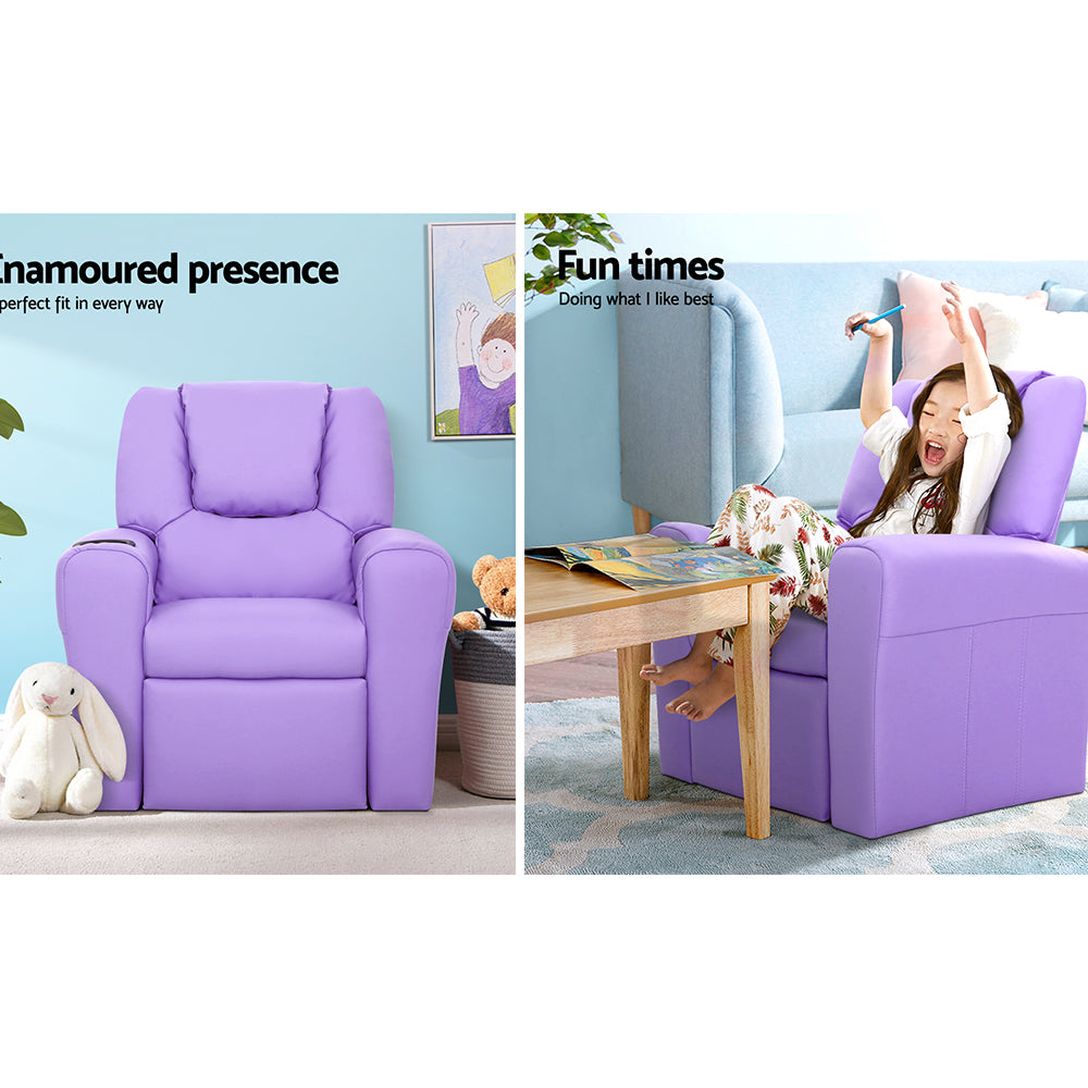 Percy Kids Recliner Chair Linen Soft Sofa Lounge Couch Children Armchair - Purple