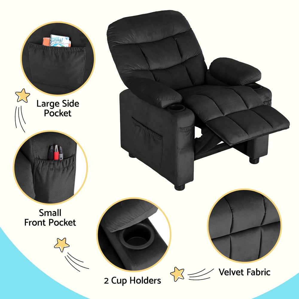 Pippa Kids Recliner Chair Velvet Sofa Lounge Couch Children Chairs Armchair - Black