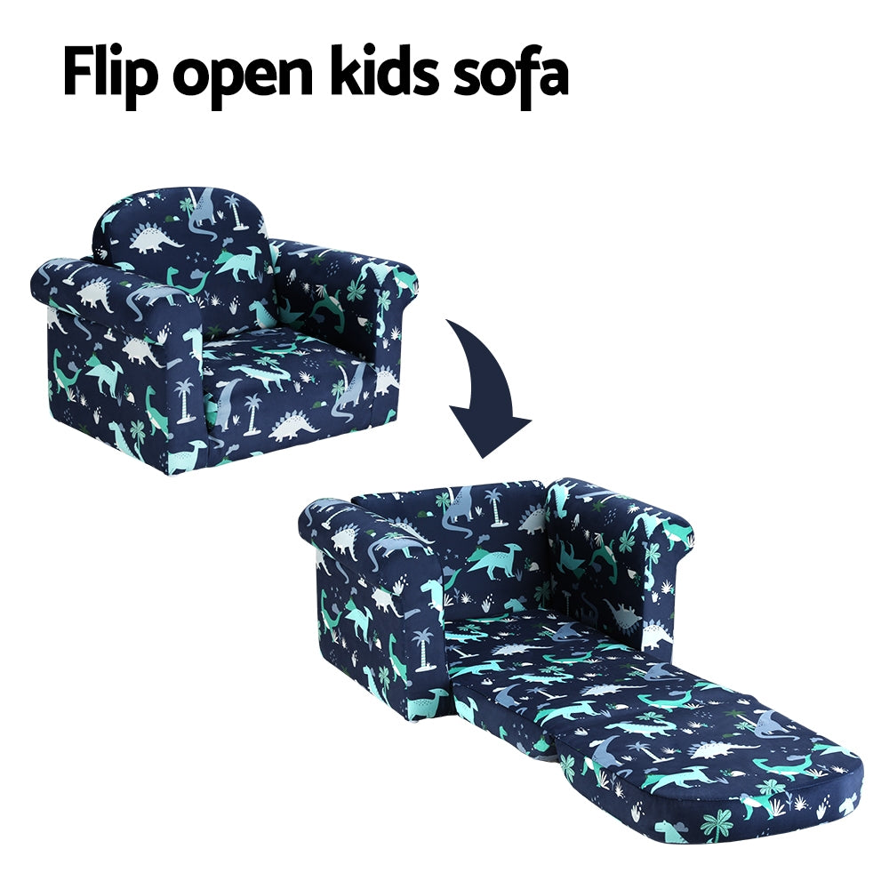 Phineas Kids Convertable Armchair Sofa Children Flip Open Couch Lounger Armchair Dinosaur - Navy