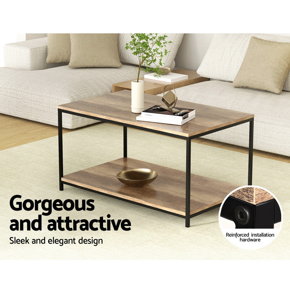 Coffee Table Wooden Rustic Vintage Storage Shelf Metal Frame Black