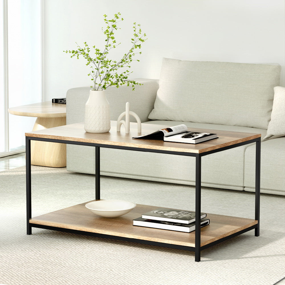 Coffee Table Wooden Rustic Vintage Storage Shelf Metal Frame Black