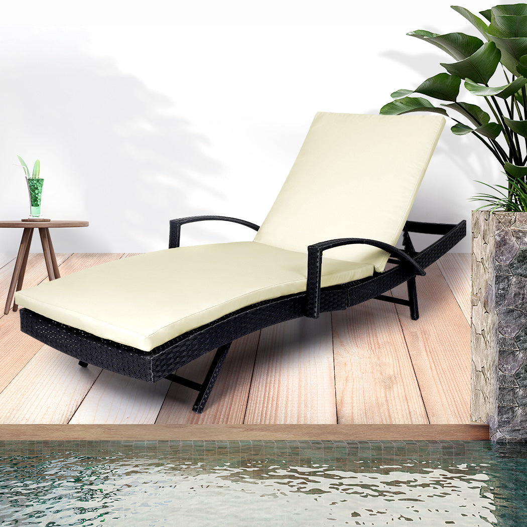 Simon Outdoor Sun Lounger Furniture Wicker Lounge Garden Patio Bed Pool Beige Cushion - Black