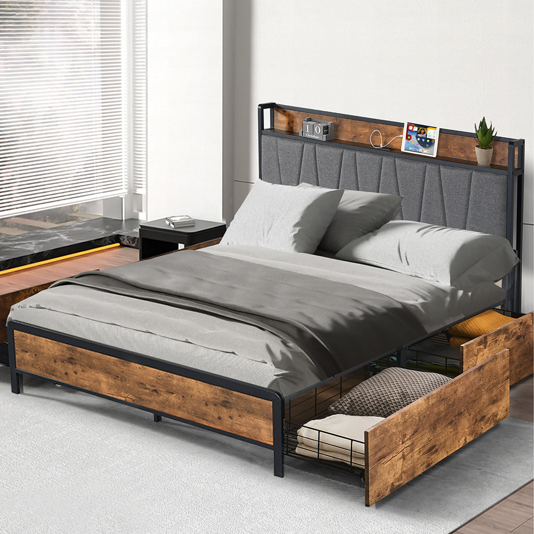 Eras Bed Frame Soft Storage Drawers Headboard USB Charge - Wood & Black Queen