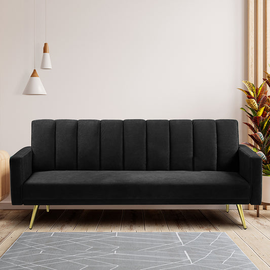 Mari 3 Seater Sofa Bed Convertible Velvet Lounge Recliner Couch Sleeper - Black
