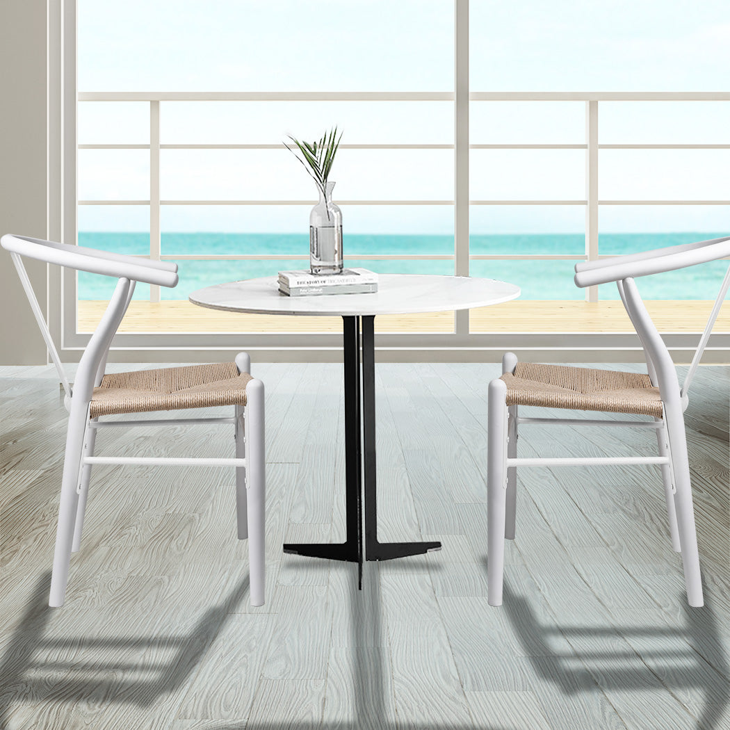 Jett Set of 2 Dining Chairs Rattan Seat Side Kitchen Wood Furniture - White