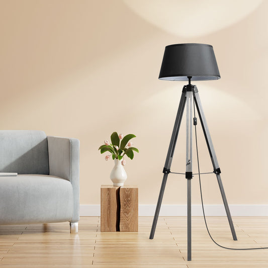 Tripod Wooden Floor Lamp Shaded Reading Light Adjustable Home Lighting - Grey