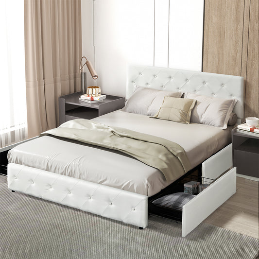 Emilia Bed Frame Tufted 4 Drawer - Cream Queen
