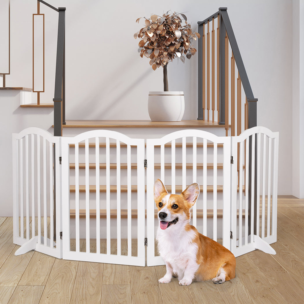 Wooden Pet Gate Dog Fence Safety Stair Barrier Security Door 4 Panels White - White