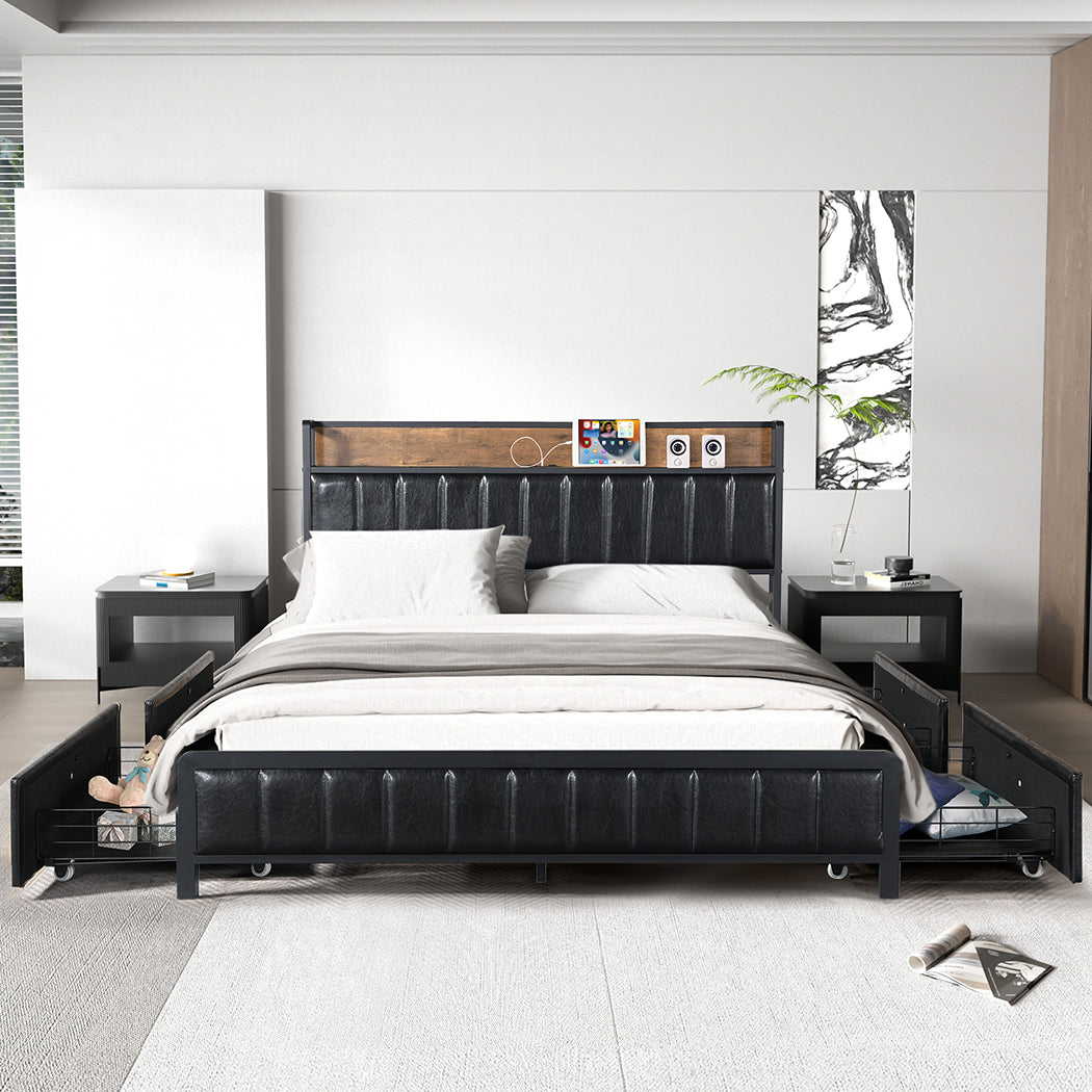 Fargo Bed Frame PU with 4 Drawers and USB Charger - Black Queen