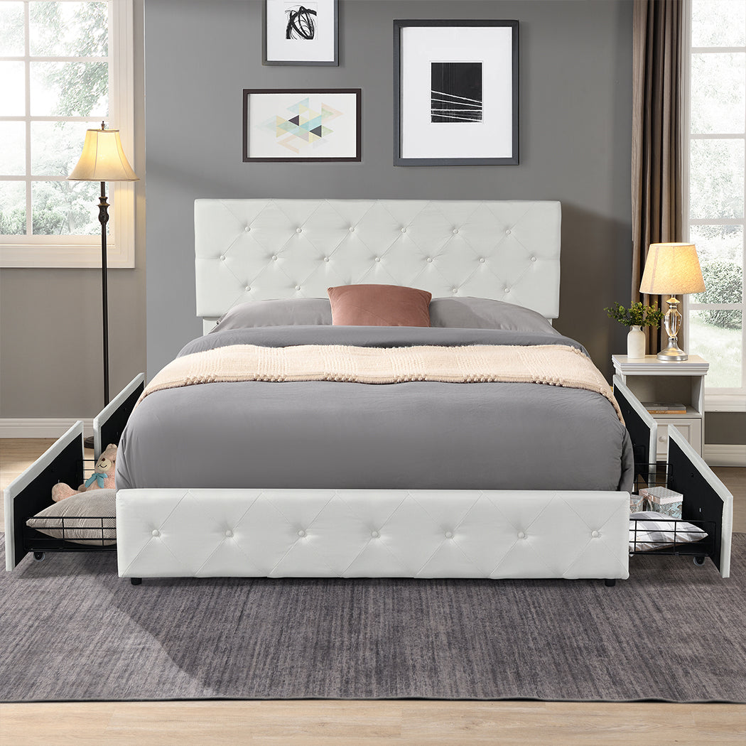 Emilia Bed Frame Tufted 4 Drawer - Cream Queen