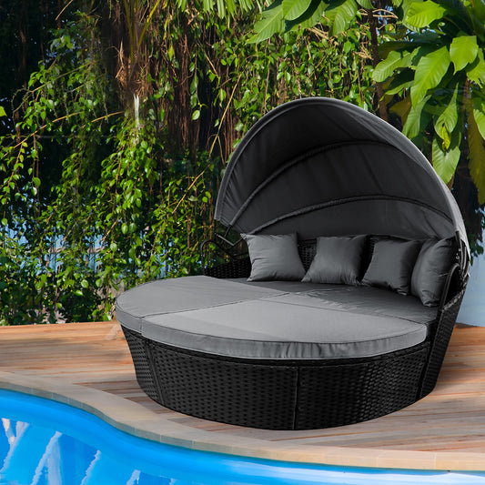 Amelie Day Bed Sofa Daybed Outdoor Garden Sun Lounge Furniture Wicker Round with Grey Cushion - Black