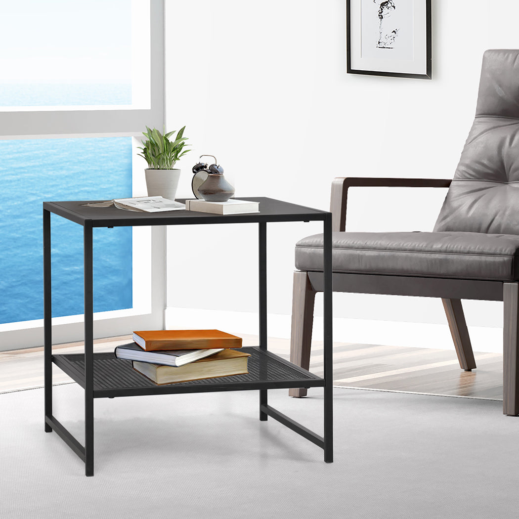 Iro 2-Tier Side Open Design Steel Home Shelf Compact Storage End Table - Black