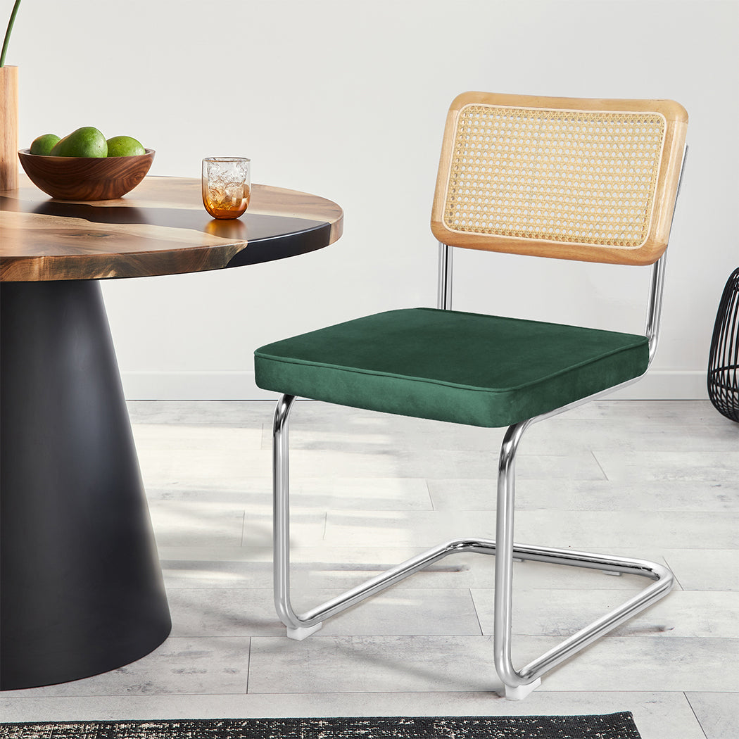 Verity Set of 2 Dining Chairs Chair Replica Cantilever Velvet Rattan Midcentury - Green