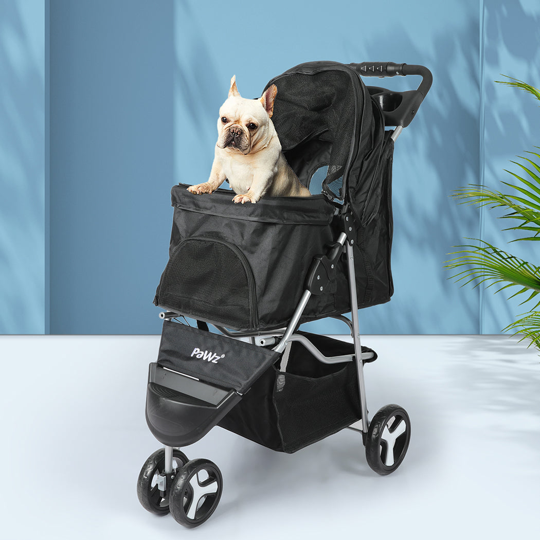 Pet Stroller 3 Wheels Dog Cat Cage Puppy Pushchair Travel Walk Carrier Pram - Black