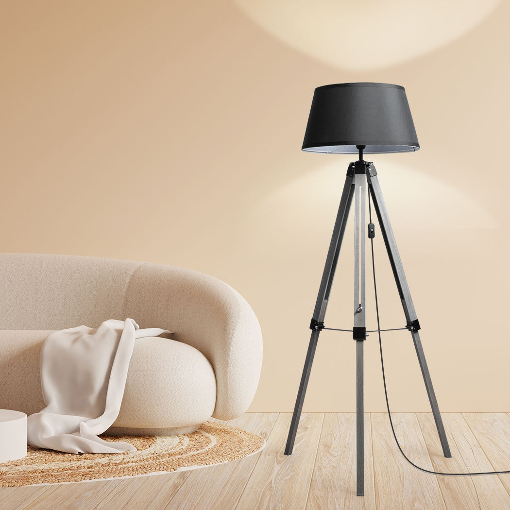 Tripod Wooden Floor Lamp Shaded Reading Light Adjustable Home Lighting - Grey