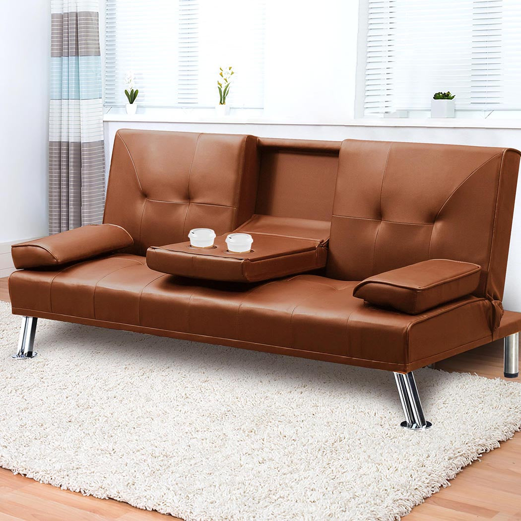 Marny 3-Seater Adjustable Sofa Bed Lounge Futon Couch Leather Beds Cup Holder Recliner - Brown