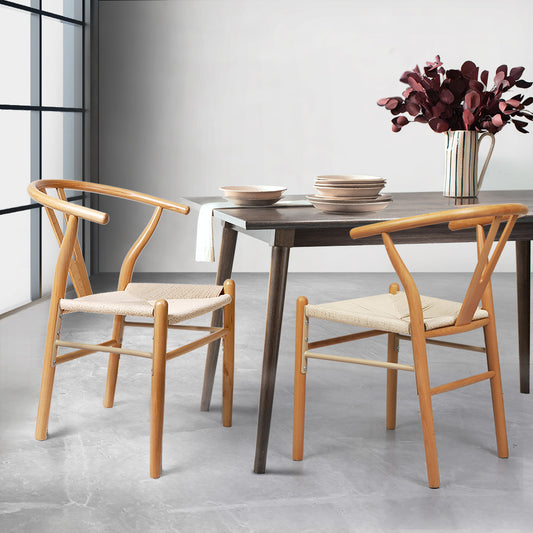 Jett Set of 2 Dining Chairs Rattan Seat Side Kitchen Wood Furniture - Oak