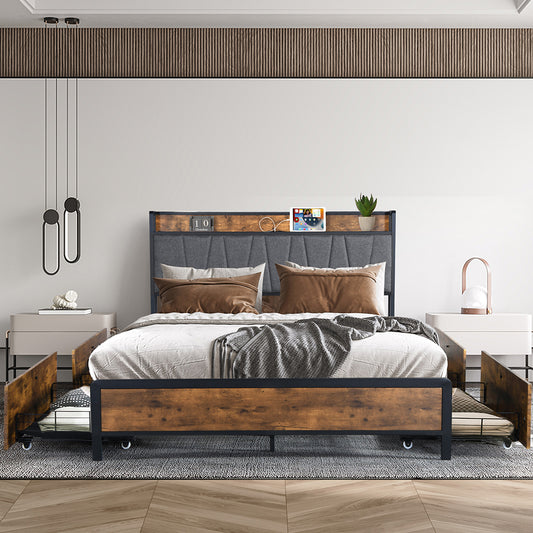 Eras Bed Frame Soft Storage Drawers Headboard USB Charge - Wood & Black Queen