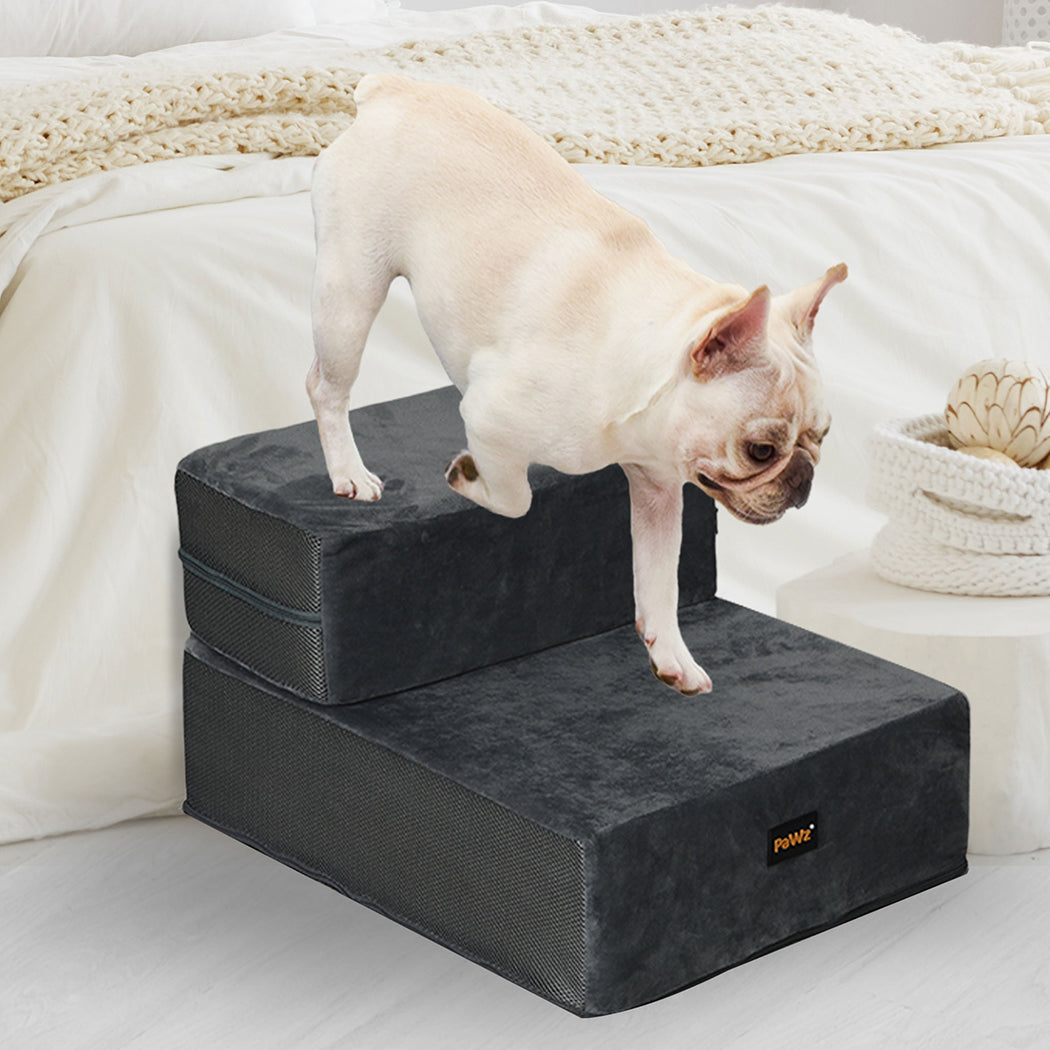 Dog Stairs Ramp Portable Climbing Ladder Washable Removable Cover 2 Steps - Grey