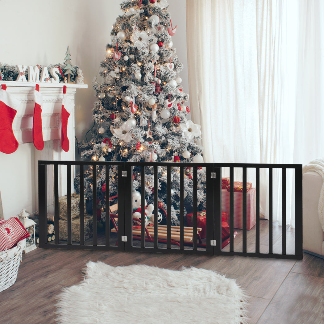 3 Panels Wooden Pet Gate Dog Fence Safety Stair Barrier Security Door Black