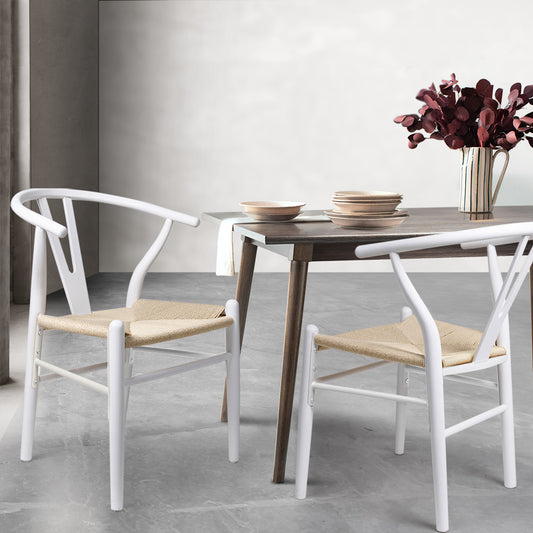 Jett Set of 2 Dining Chairs Rattan Seat Side Kitchen Wood Furniture - White