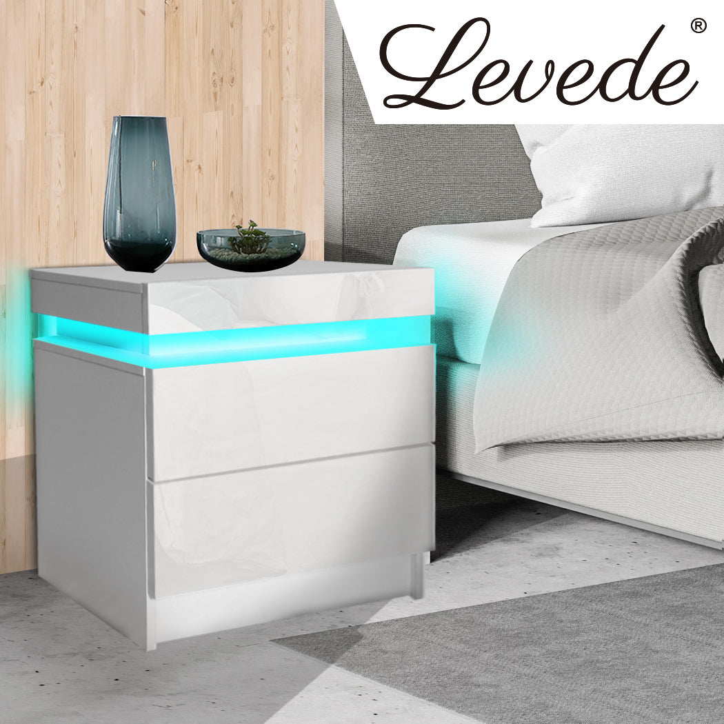 Inuvik LED Bedside Tables RGB LED Storage Cabinet High Gloss Nightstand with 2 Drawers - White