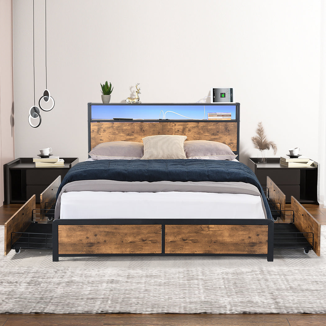 Maylen LED Bed Frame with 4 Drawers and USB Charger - Brown Queen