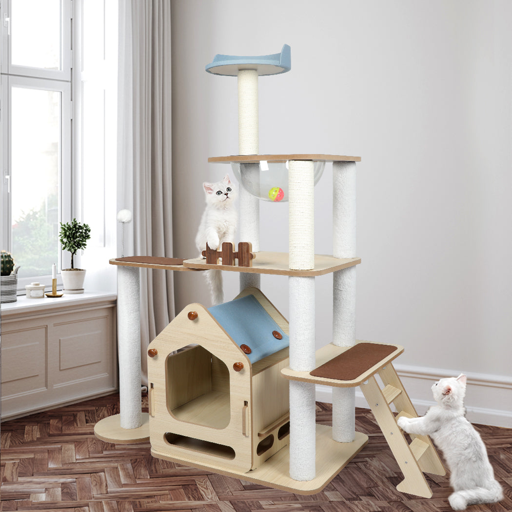 Cat Tree Scratching Post Scratcher Cats Tower Wood Condo Toys House 138cm - White