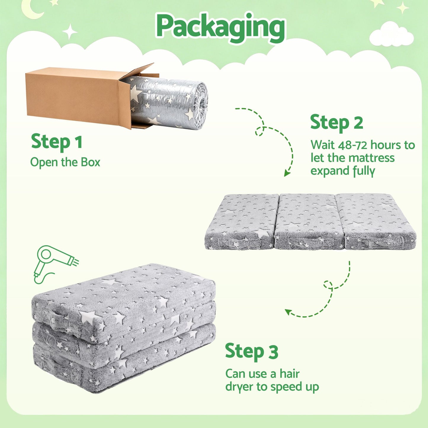 Tobias 8cm Foldable Mattress for Travel Glow-in-Dark Cover - Cot
