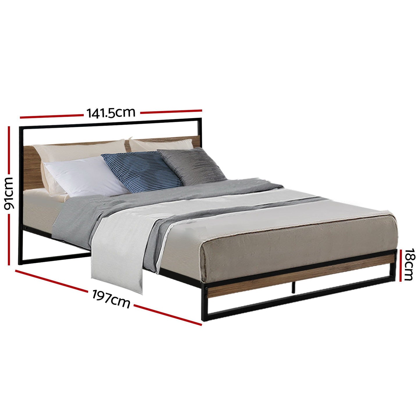 Melrose Double Bedroom Suite 5 Piece 1x Double Mattress, 1x Double Metal Bed Frame, 2x Oak Bedside Tables and 1x Oak Tallboy