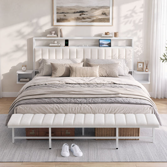 Eirene Metal Bed Frame Boucle Headboard Charging Station Side Table - White King