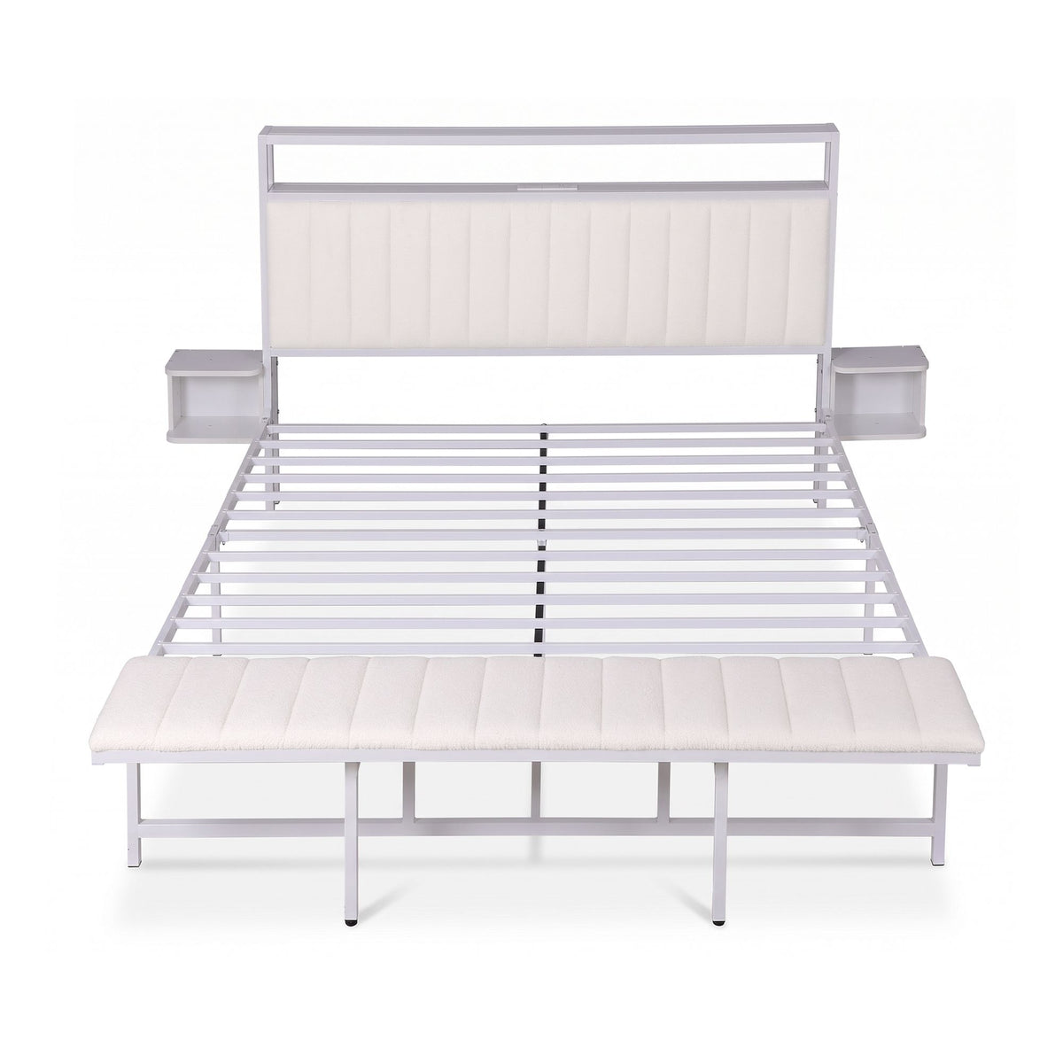 Eirene Metal Bed Frame Boucle Headboard Charging Station Side Table - White King