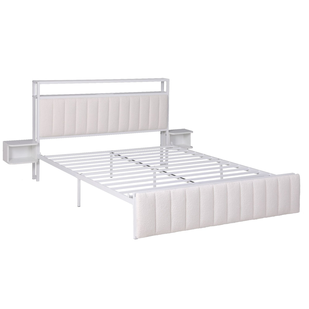 Eirene Metal Bed Frame Boucle Headboard Charging Station Side Table - White Queen