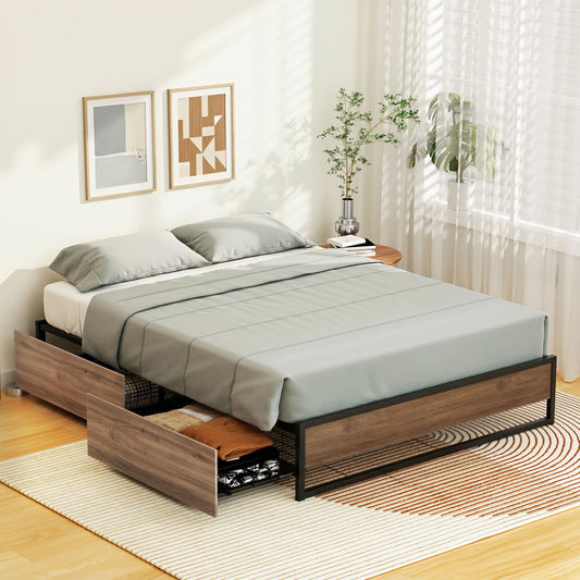 Scott Bed Frame Metal Frame Size Bed Base 2 Drawers - Black Double