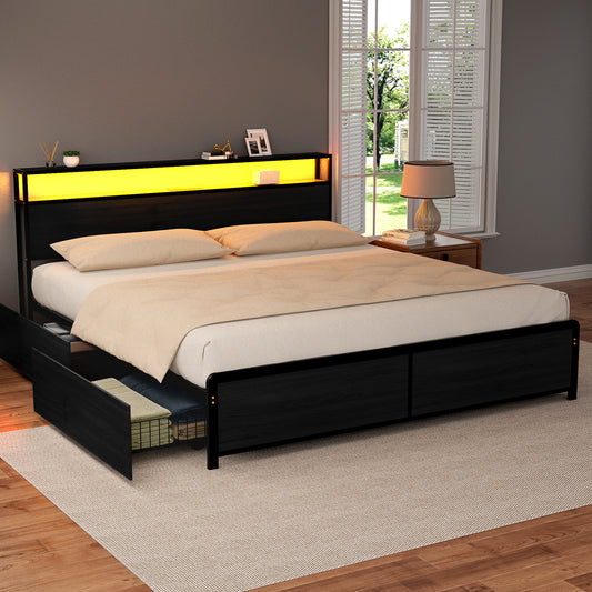 Nestora Metal Bed Frame with 2-Tier Storage Headboard Metal Platform - Black King